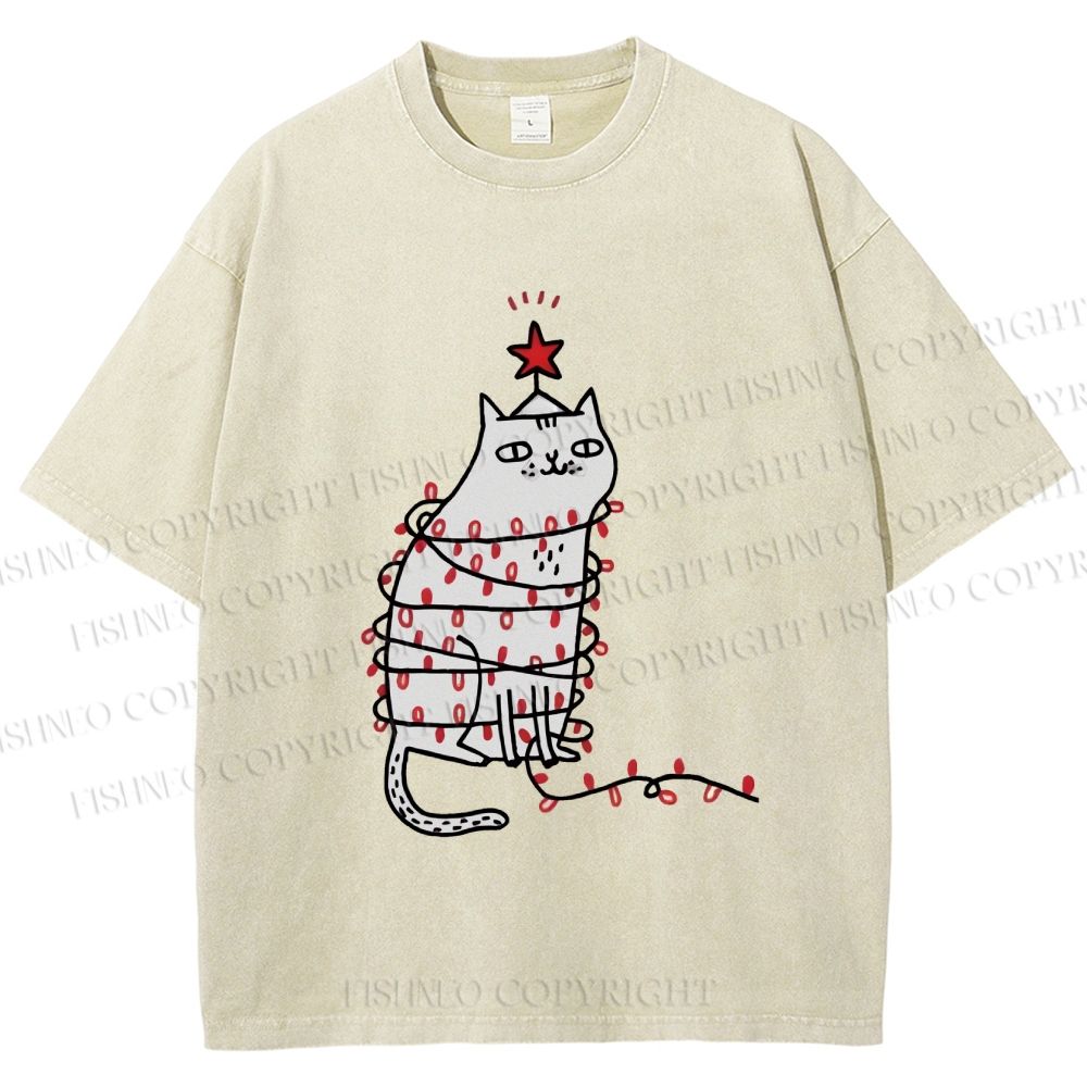 Unisex Silly Cat With Christmas Fairy Lights Printed Washed Tee