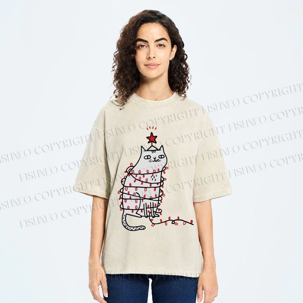 Unisex Silly Cat With Christmas Fairy Lights Printed Washed Tee