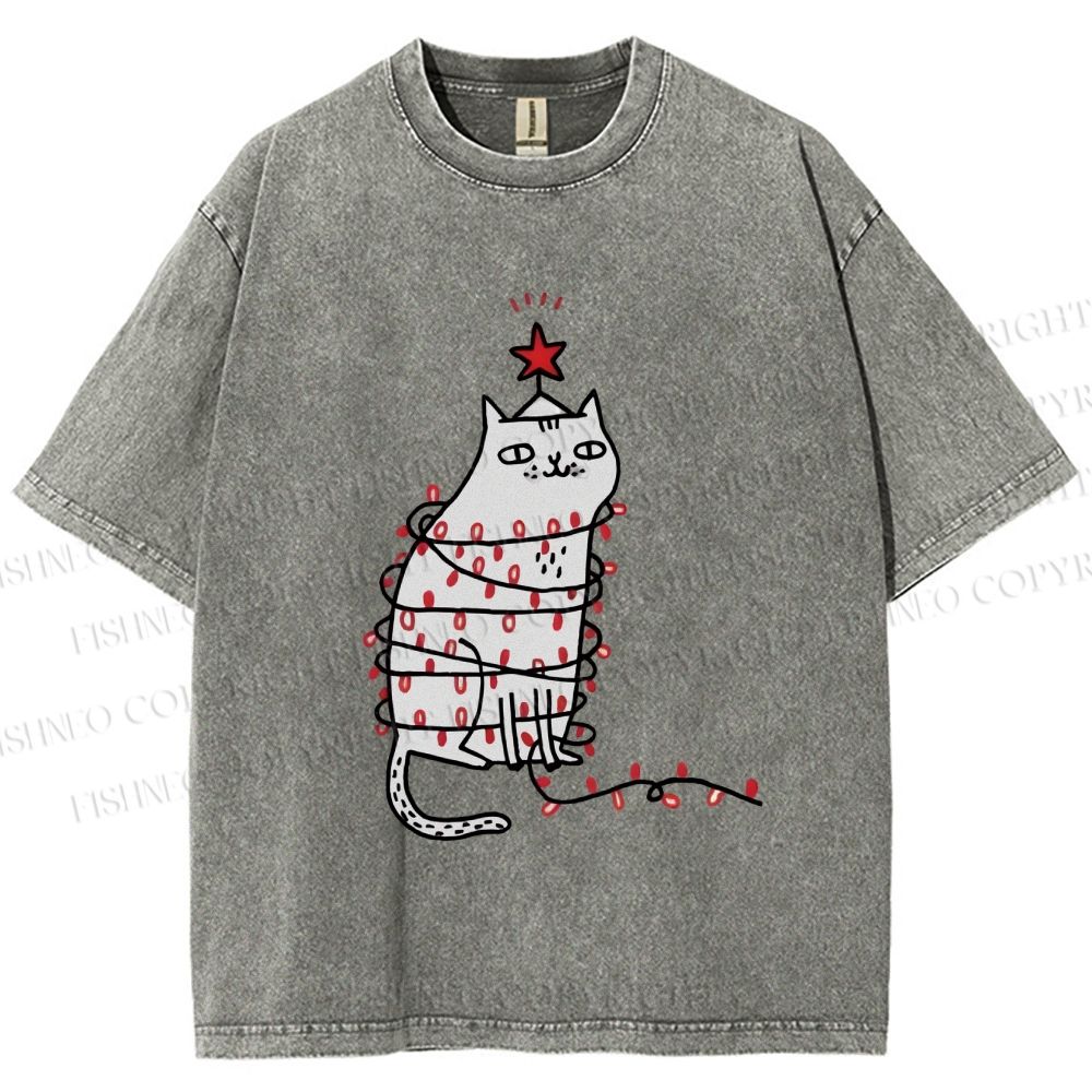 Unisex Silly Cat With Christmas Fairy Lights Printed Washed Tee