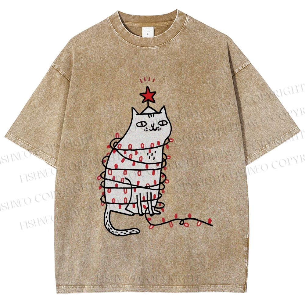 Unisex Silly Cat With Christmas Fairy Lights Printed Washed Tee
