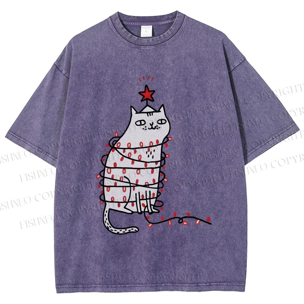 Unisex Silly Cat With Christmas Fairy Lights Printed Washed Tee