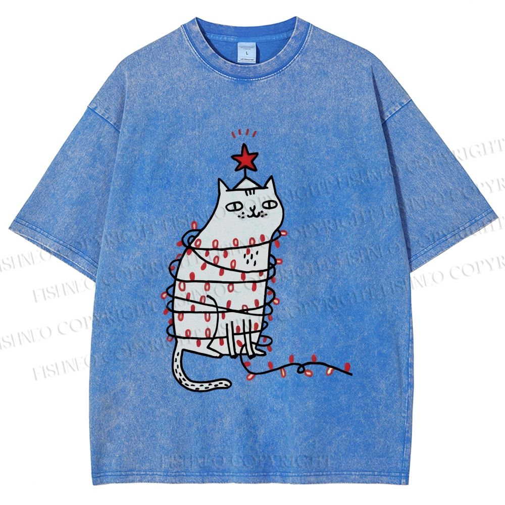 Unisex Silly Cat With Christmas Fairy Lights Printed Washed Tee