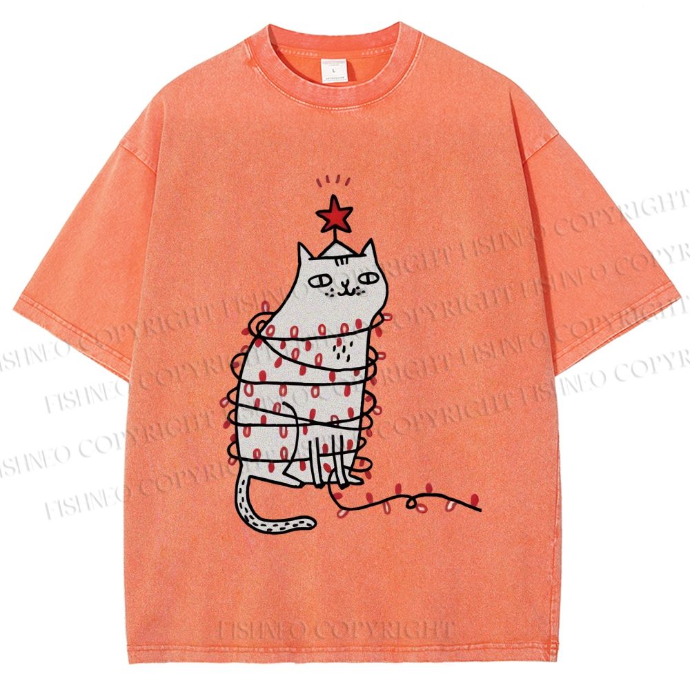 Unisex Silly Cat With Christmas Fairy Lights Printed Washed Tee