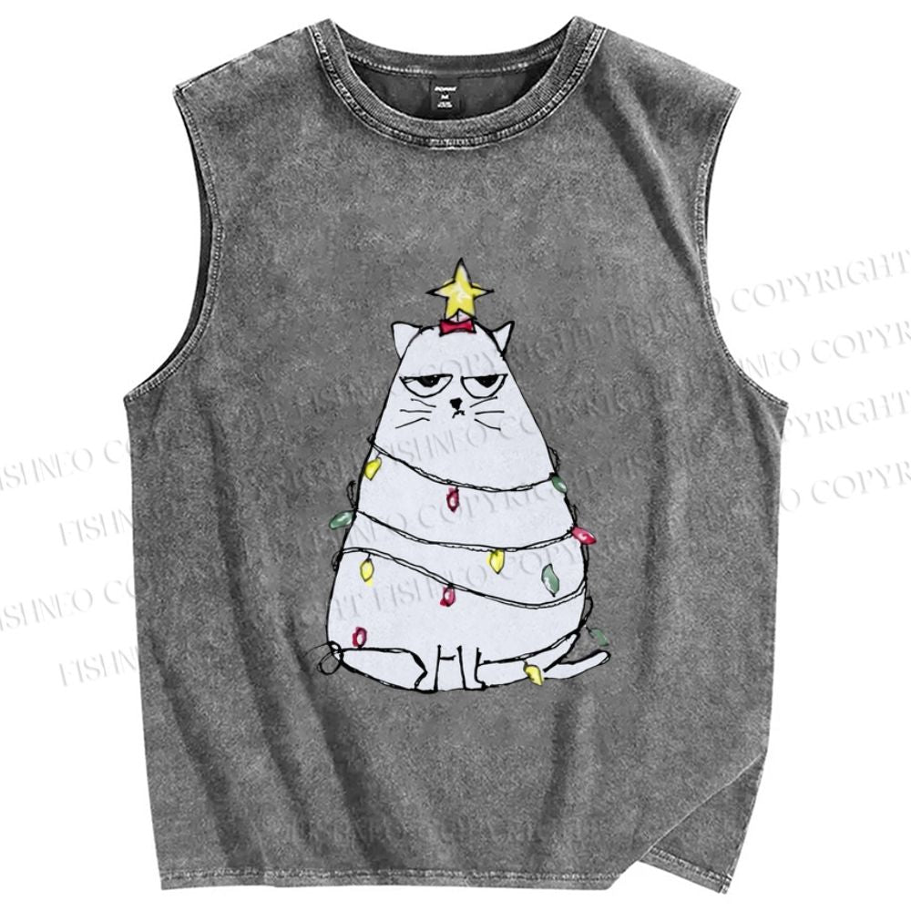 Unisex Silly Cat Upset With Christmas Fairy Lights Printed Washed Tank Top