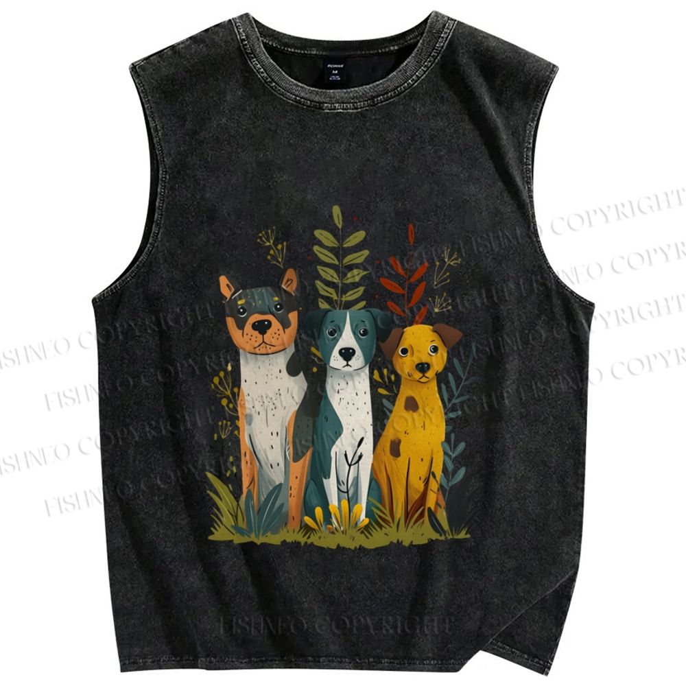 Unisex Dogs Sitting On Grass Printed Washed Tank Top