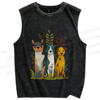 Unisex Dogs Sitting On Grass Printed Washed Tank Top