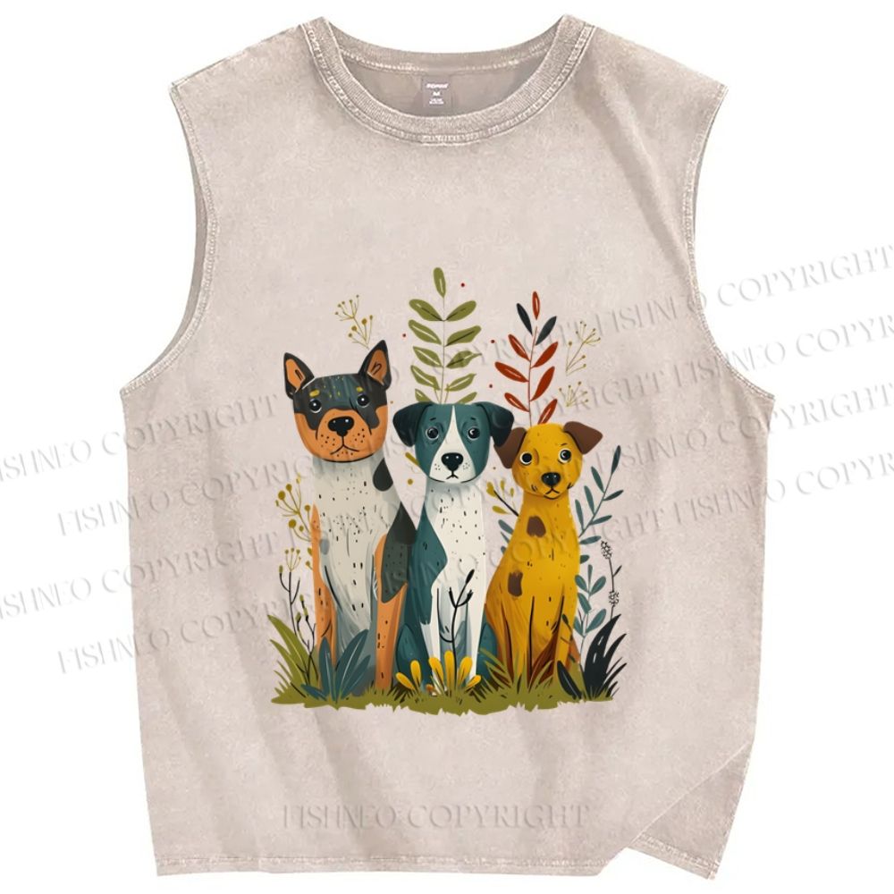 Unisex Dogs Sitting On Grass Printed Washed Tank Top