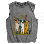 Unisex Dogs Sitting On Grass Printed Washed Tank Top