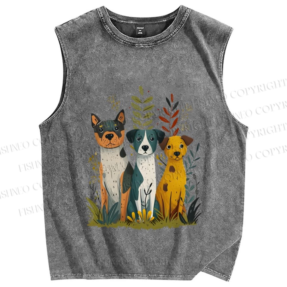 Unisex Dogs Sitting On Grass Printed Washed Tank Top