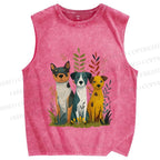 Unisex Dogs Sitting On Grass Printed Washed Tank Top
