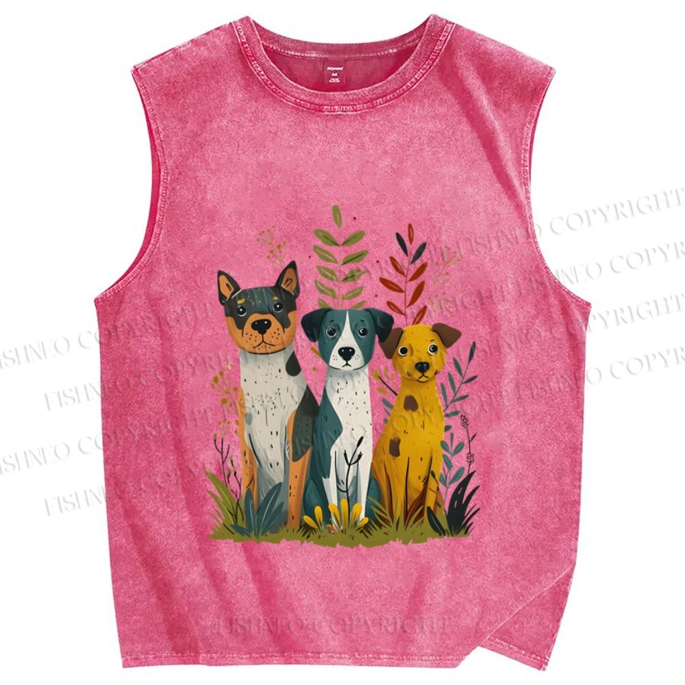 Unisex Dogs Sitting On Grass Printed Washed Tank Top