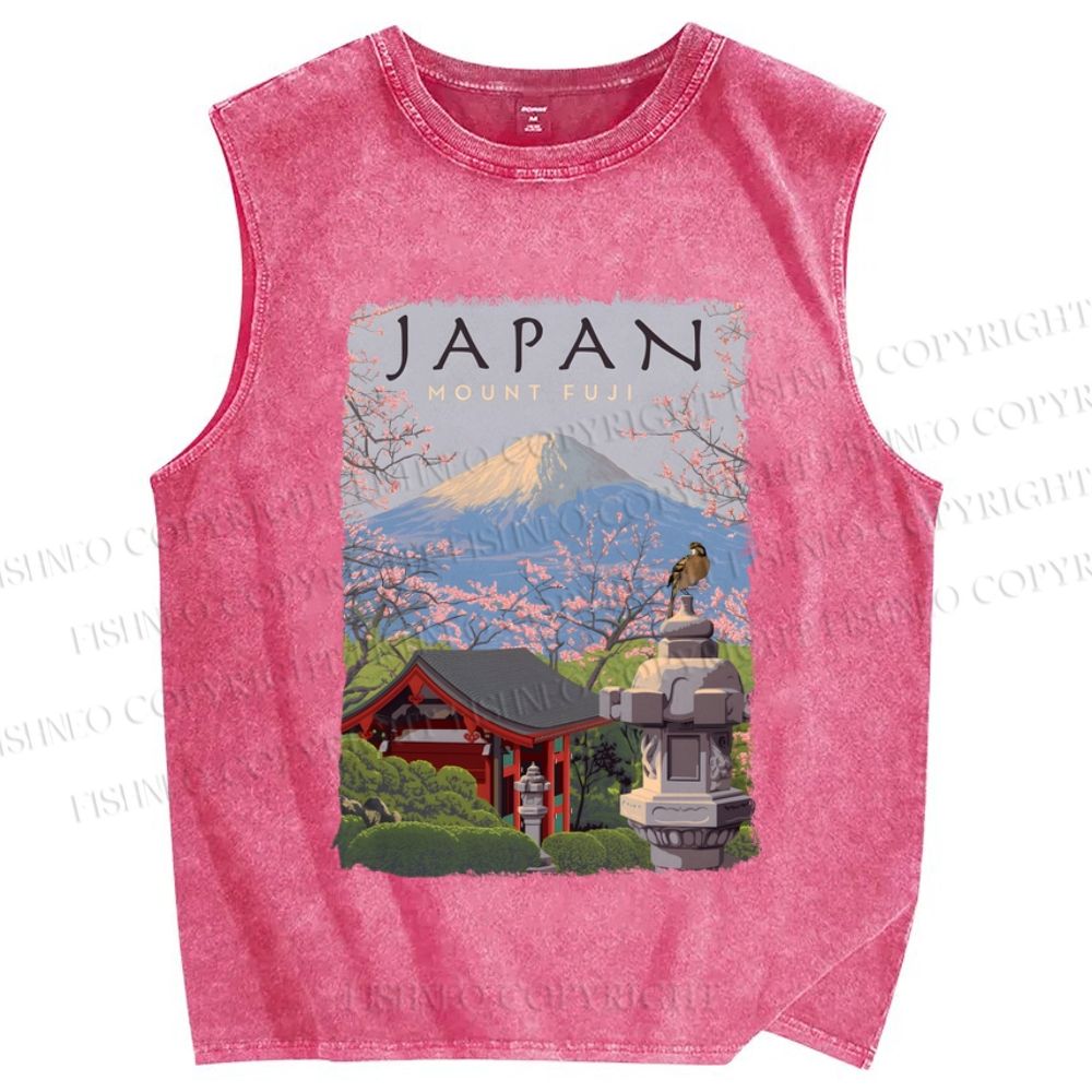 Unisex Mount Fuji Japanese Art Printed Washed Tank Top
