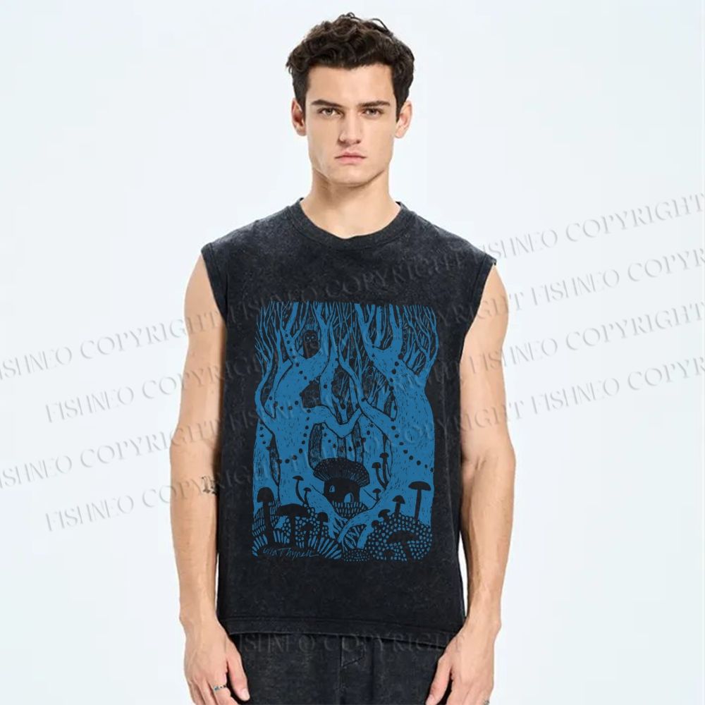 Unisex Forest Graffiti Printed Washed Tank Top