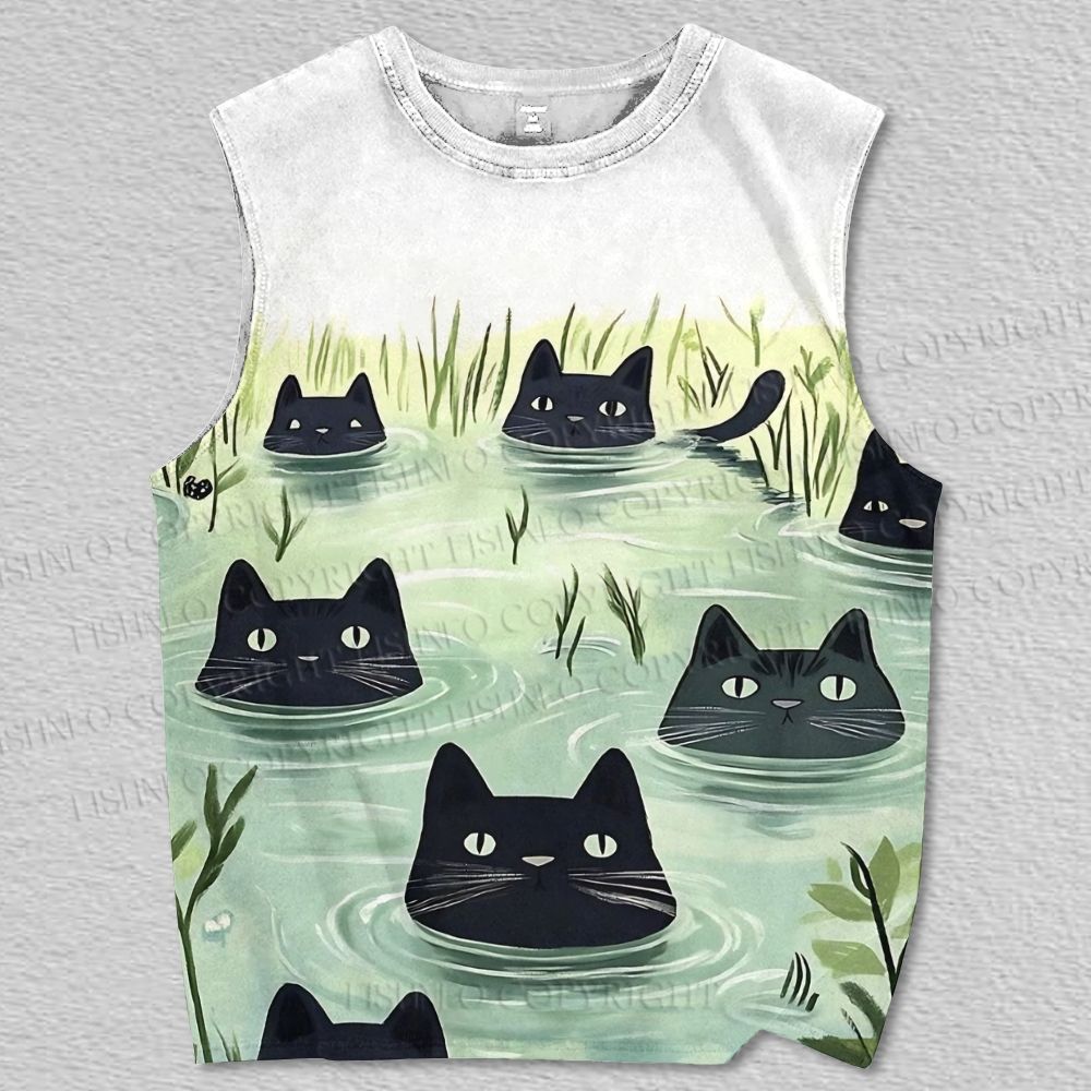 Unisex Black Cat In Water Printed Tank Top