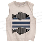 Unisex Vintage Geometric Fish Printed Washed Tank Top