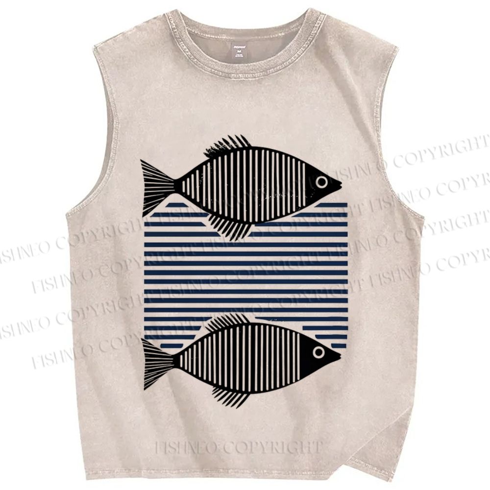 Unisex Vintage Geometric Fish Printed Washed Tank Top