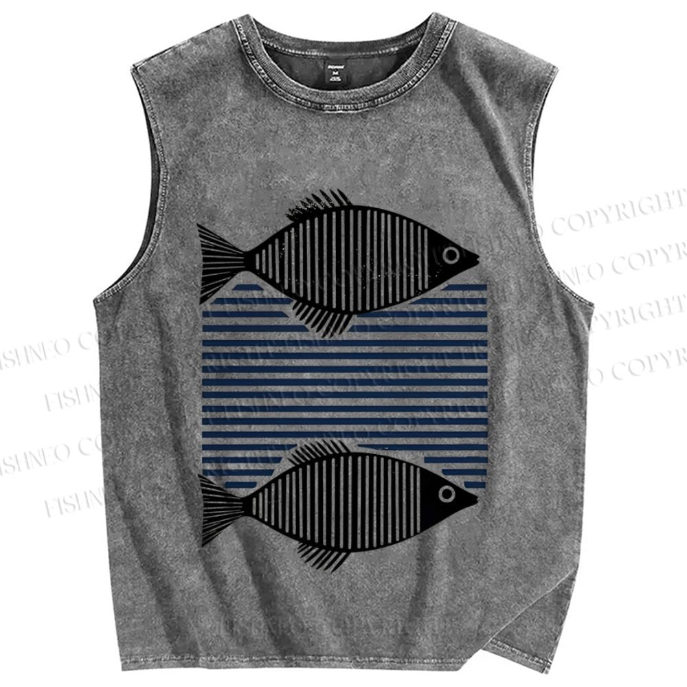 Unisex Vintage Geometric Fish Printed Washed Tank Top
