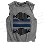 Unisex Vintage Geometric Fish Printed Washed Tank Top