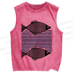 Unisex Vintage Geometric Fish Printed Washed Tank Top