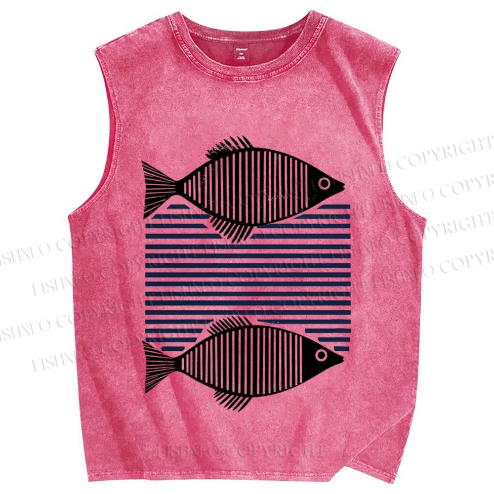 Unisex Vintage Geometric Fish Printed Washed Tank Top