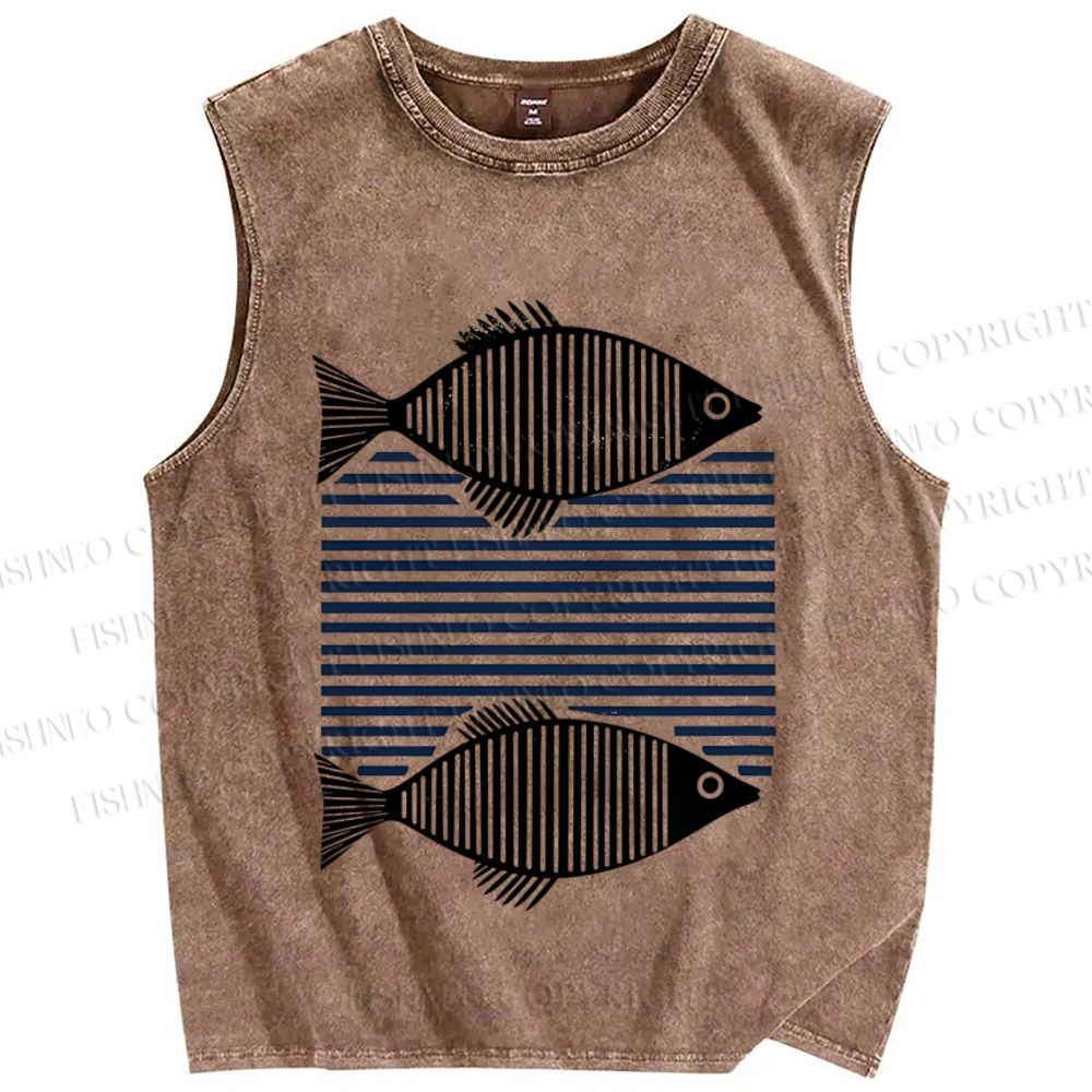 Unisex Vintage Geometric Fish Printed Washed Tank Top