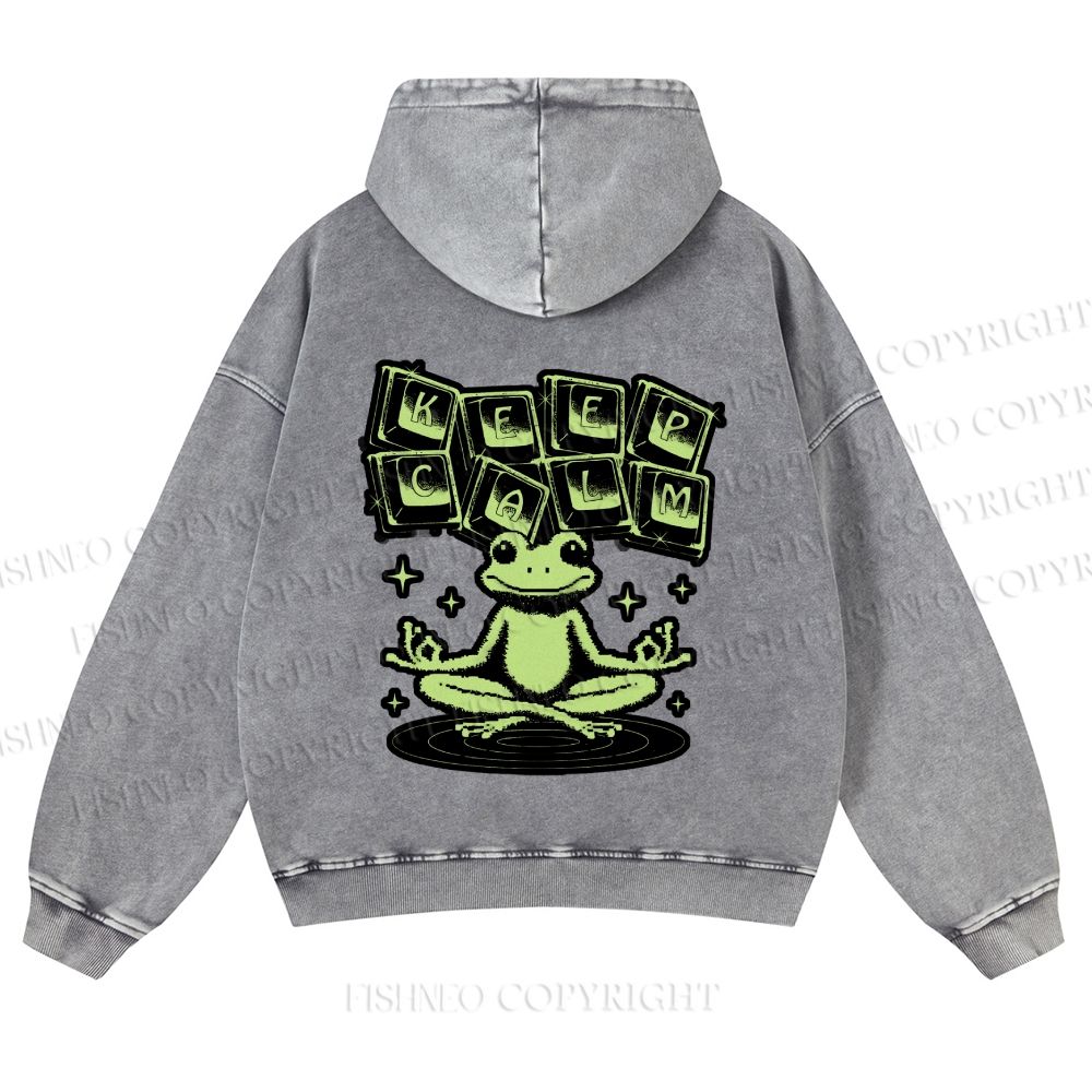 Casual Keep Clam Frog Washed Hoodie