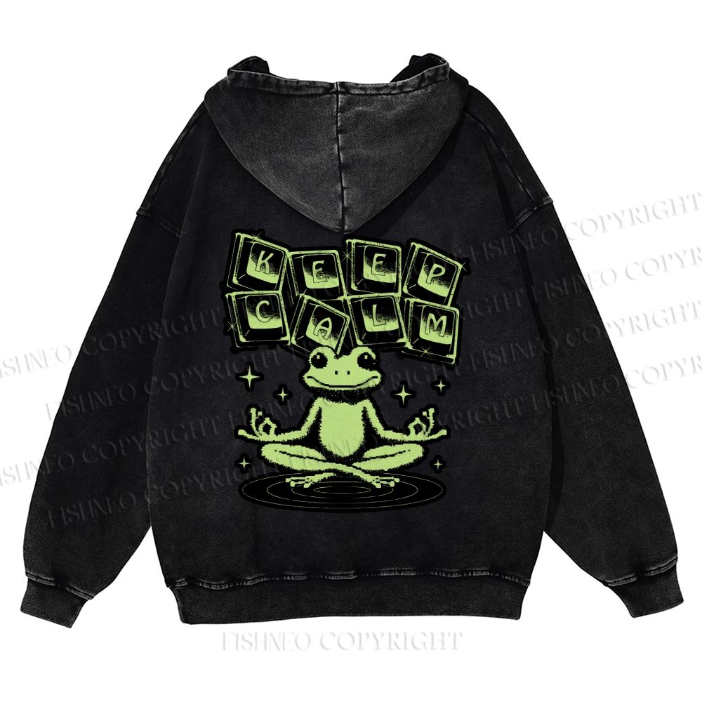 Casual Keep Clam Frog Washed Hoodie