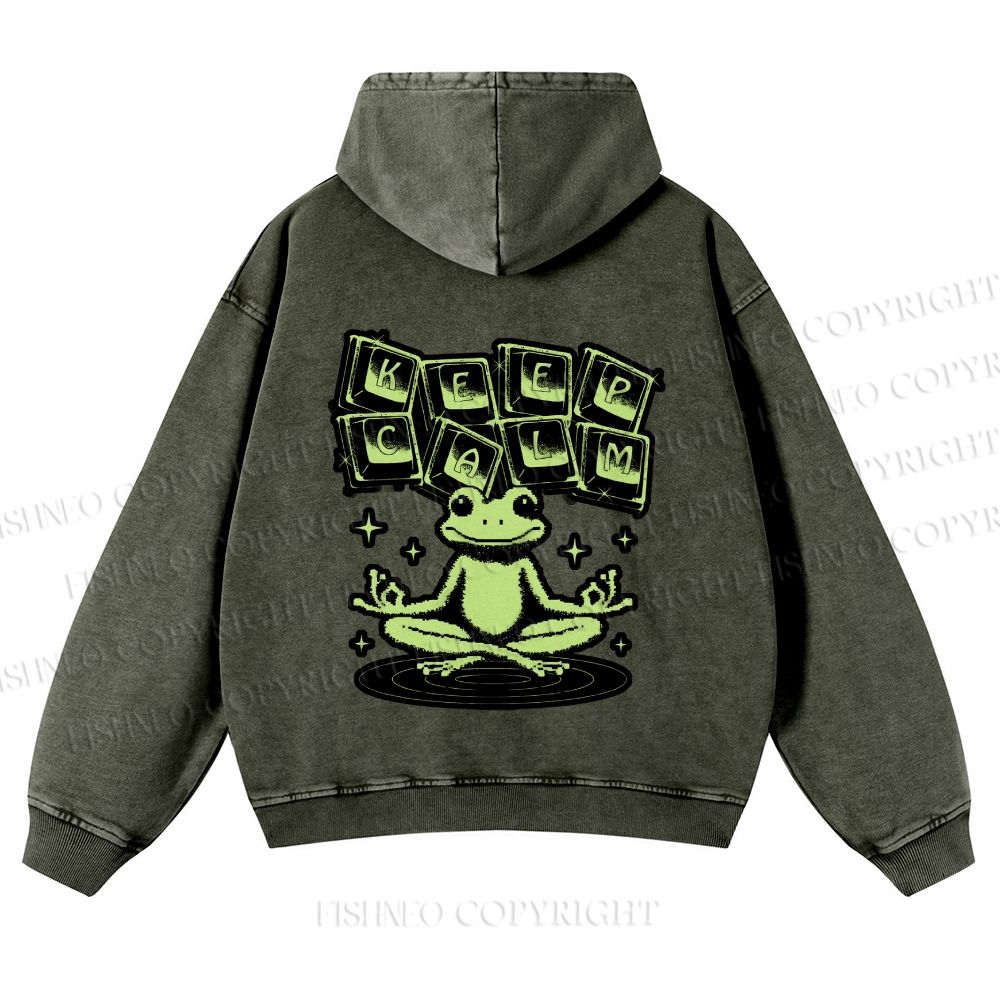 Casual Keep Clam Frog Washed Hoodie