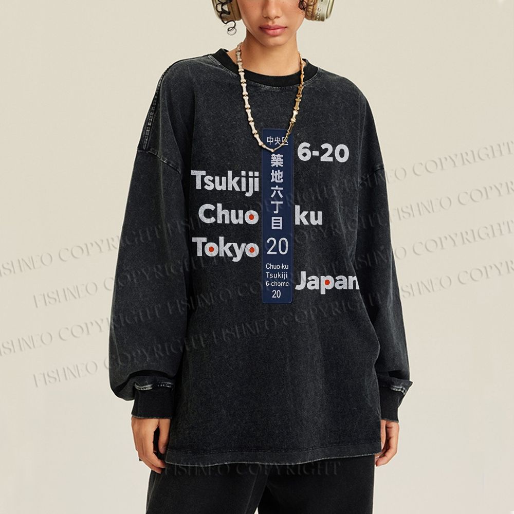 Unisex Casual Washed Tsukiji Tokyo Printed Long Sleeve T-shirt