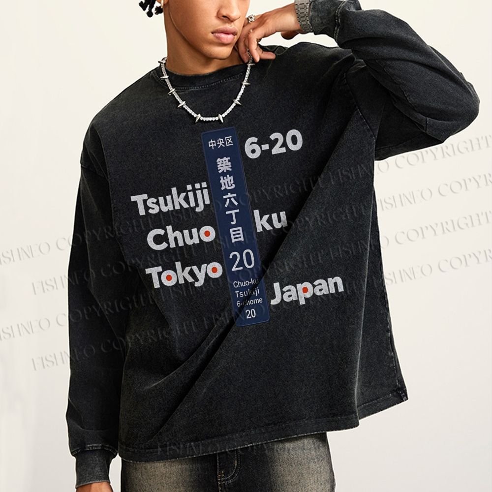 Unisex Casual Washed Tsukiji Tokyo Printed Long Sleeve T-shirt