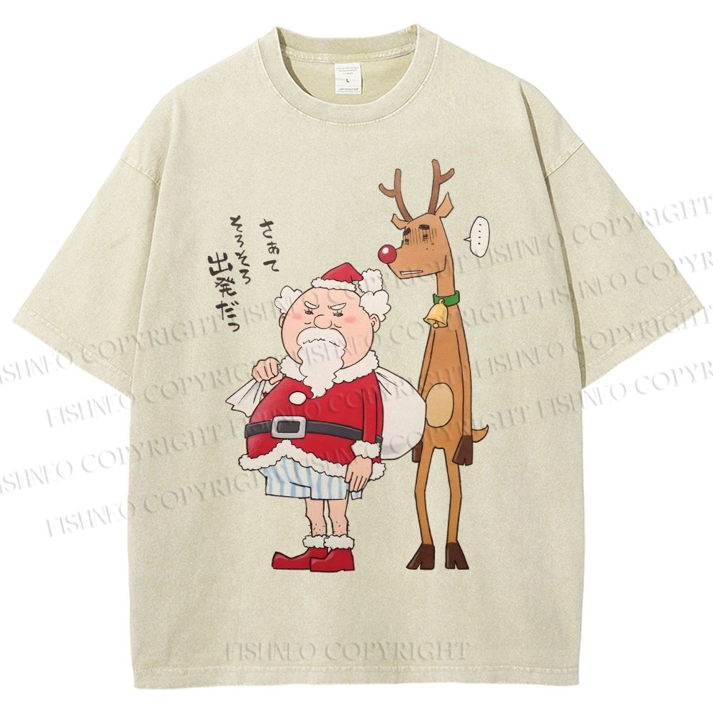 Unisex Santa Claus and Reindeer Printed Washed Tee