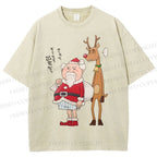 Unisex Santa Claus and Reindeer Printed Washed Tee