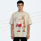 Unisex Santa Claus and Reindeer Printed Washed Tee
