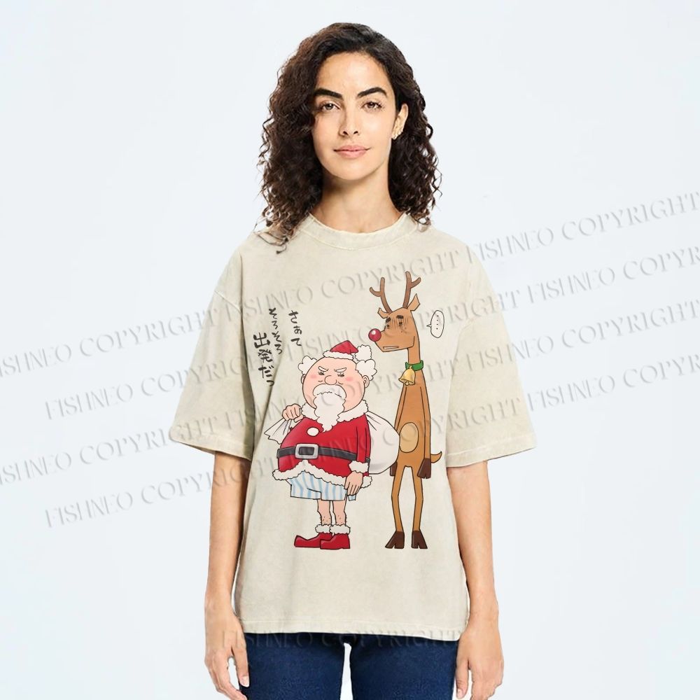 Unisex Santa Claus and Reindeer Printed Washed Tee