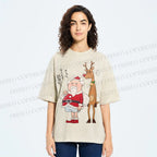 Unisex Santa Claus and Reindeer Printed Washed Tee