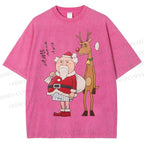Unisex Santa Claus and Reindeer Printed Washed Tee