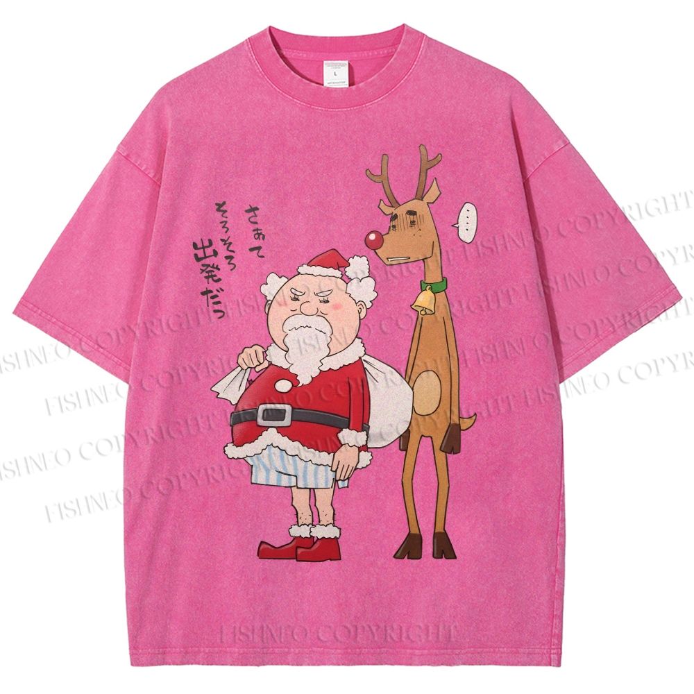 Unisex Santa Claus and Reindeer Printed Washed Tee