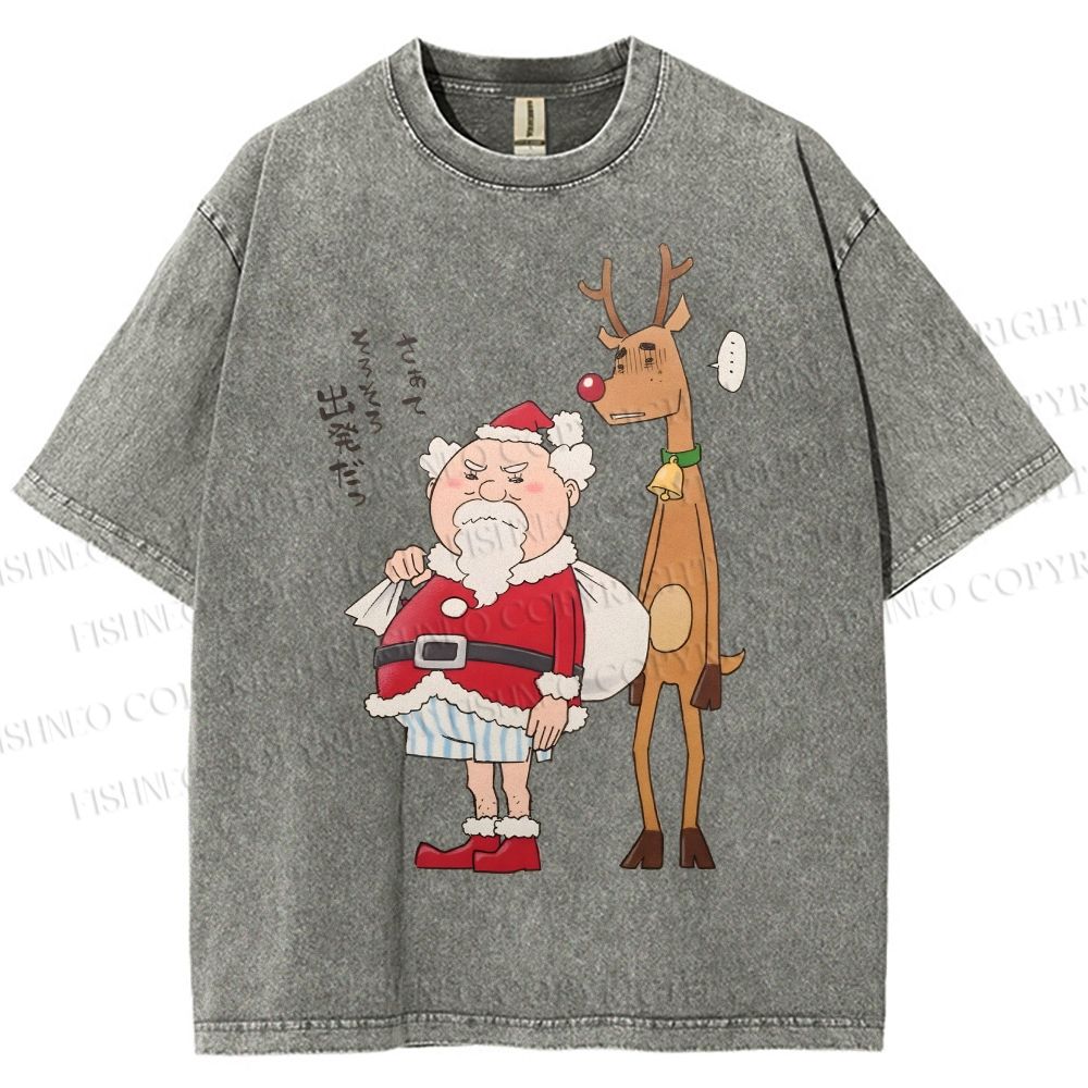Unisex Santa Claus and Reindeer Printed Washed Tee
