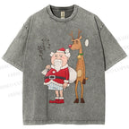 Unisex Santa Claus and Reindeer Printed Washed Tee