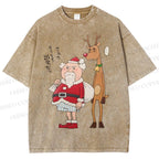 Unisex Santa Claus and Reindeer Printed Washed Tee