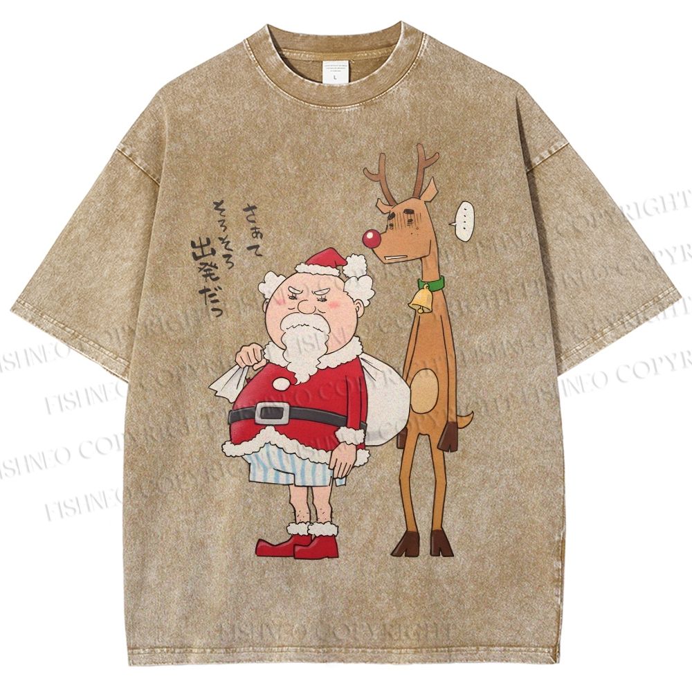 Unisex Santa Claus and Reindeer Printed Washed Tee