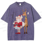 Unisex Santa Claus and Reindeer Printed Washed Tee