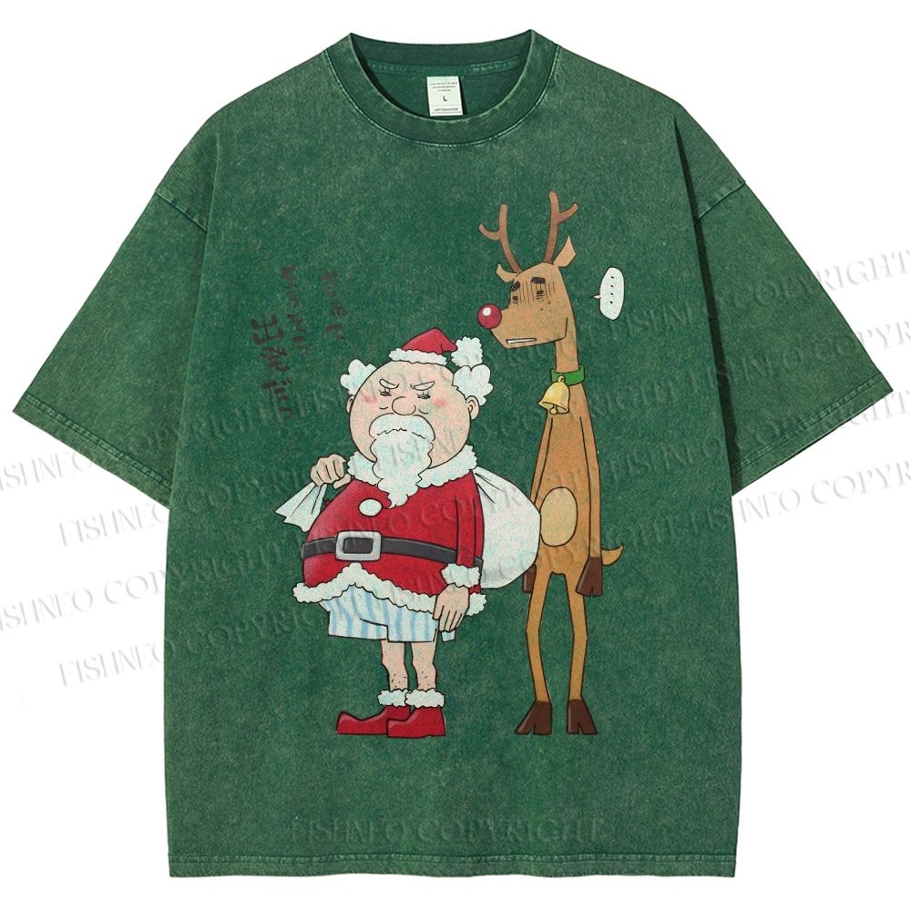 Unisex Santa Claus and Reindeer Printed Washed Tee