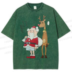Unisex Santa Claus and Reindeer Printed Washed Tee