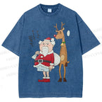 Unisex Santa Claus and Reindeer Printed Washed Tee