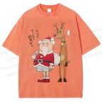 Unisex Santa Claus and Reindeer Printed Washed Tee