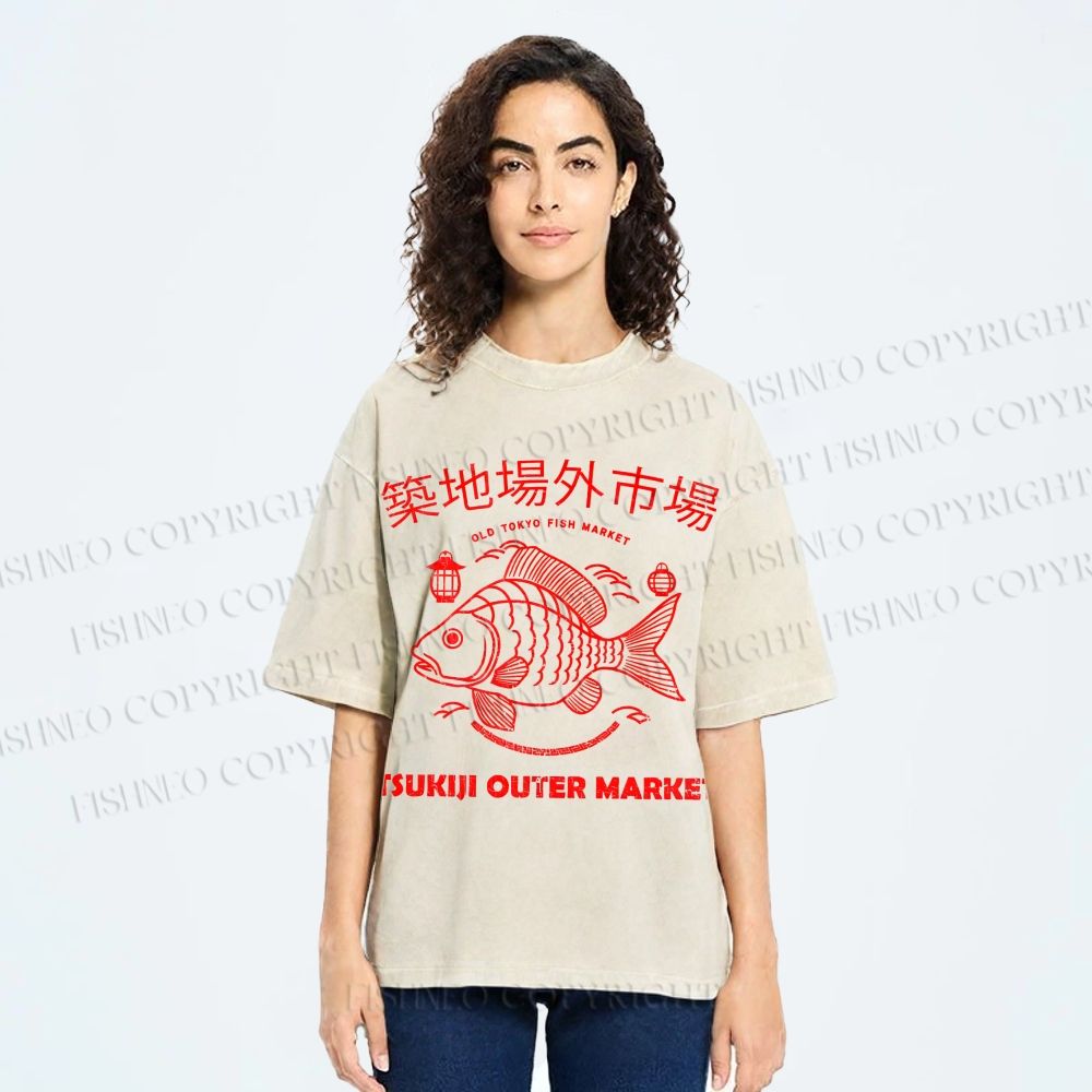 Unisex Tsukiji Fish Market Printed Washed Tee