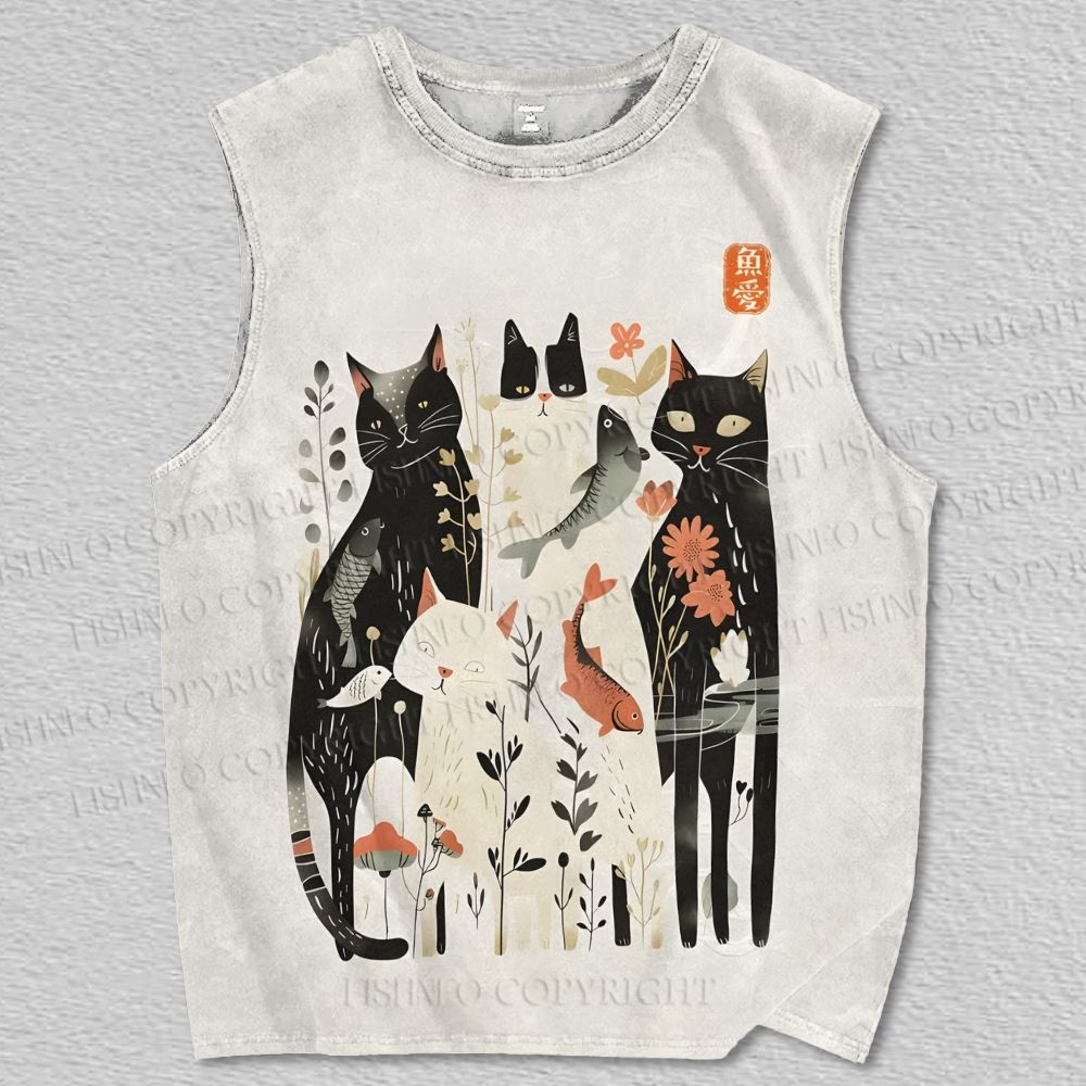 Unisex Vintage Serene Cat With Flowers Printed Tank Top