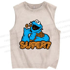 Unisex Monster Eating Cookies Printed Washed Tank Top