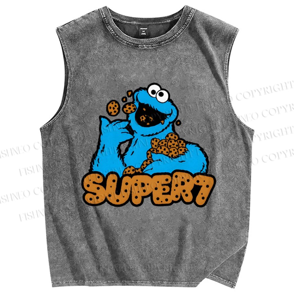 Unisex Monster Eating Cookies Printed Washed Tank Top